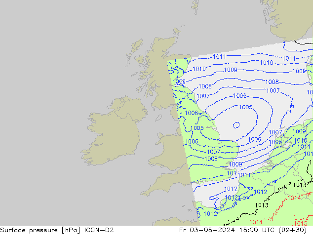 Presión superficial ICON-D2 vie 03.05.2024 15 UTC