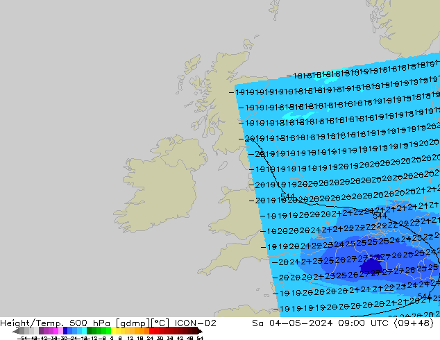 Geop./Temp. 500 hPa ICON-D2 sáb 04.05.2024 09 UTC