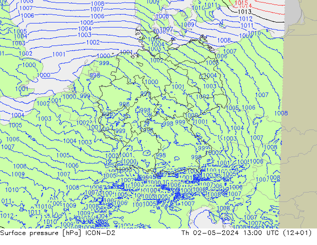 Surface pressure ICON-D2 Th 02.05.2024 13 UTC