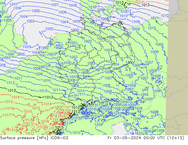 Presión superficial ICON-D2 vie 03.05.2024 00 UTC