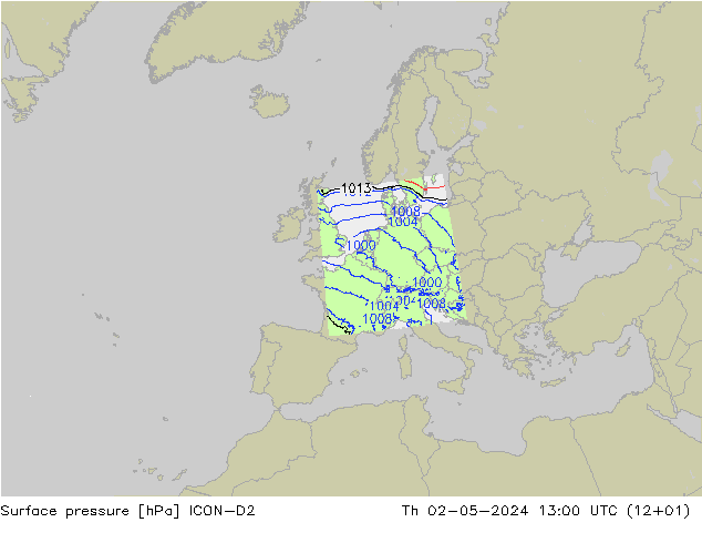 地面气压 ICON-D2 星期四 02.05.2024 13 UTC