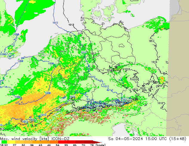 Max. wind velocity ICON-D2 Sáb 04.05.2024 15 UTC