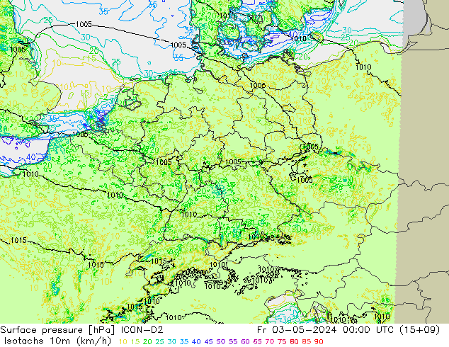 Isotachen (km/h) ICON-D2 Fr 03.05.2024 00 UTC