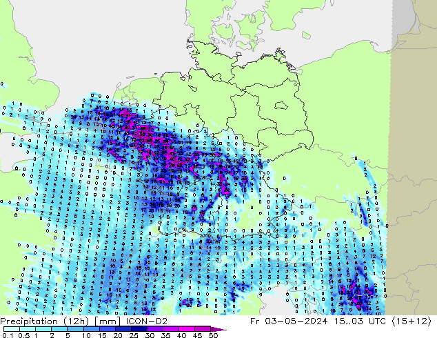 Totale neerslag (12h) ICON-D2 vr 03.05.2024 03 UTC