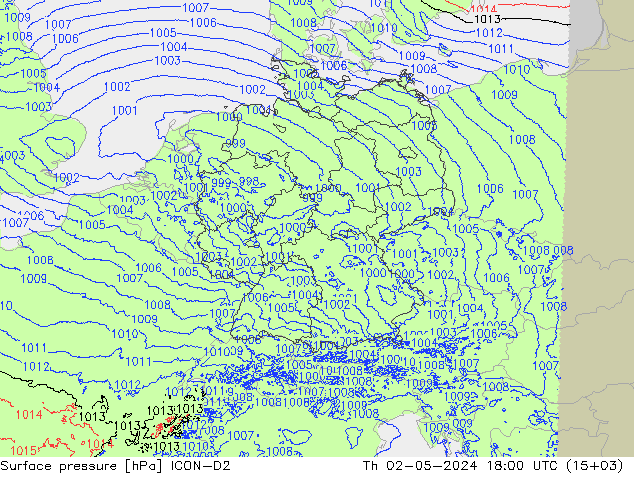 地面气压 ICON-D2 星期四 02.05.2024 18 UTC
