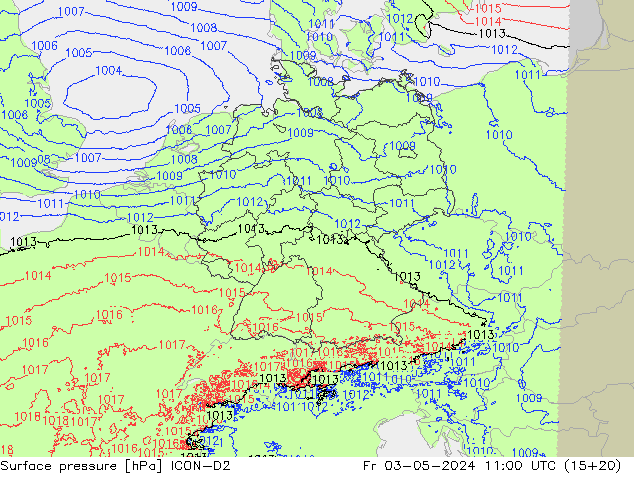 Atmosférický tlak ICON-D2 Pá 03.05.2024 11 UTC