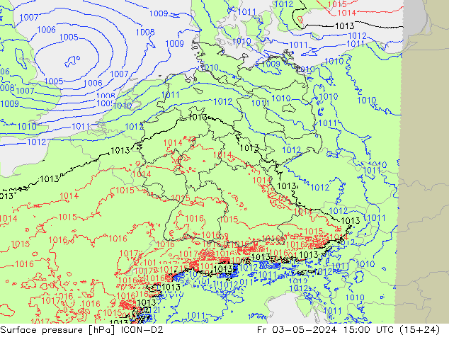 Luchtdruk (Grond) ICON-D2 vr 03.05.2024 15 UTC