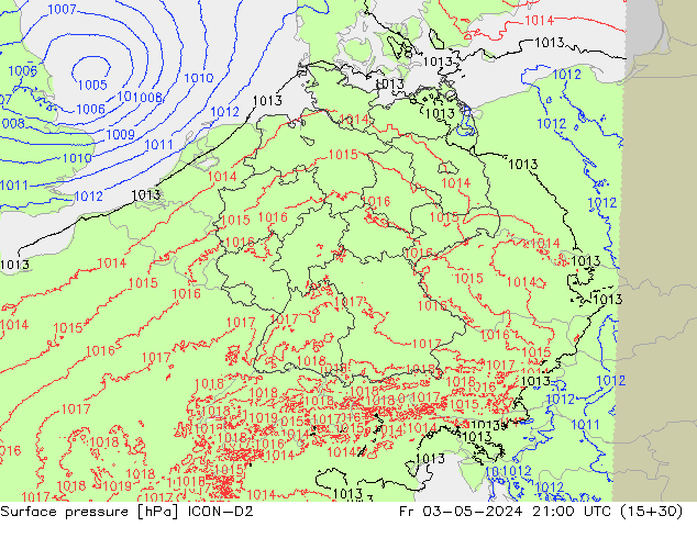 Atmosférický tlak ICON-D2 Pá 03.05.2024 21 UTC