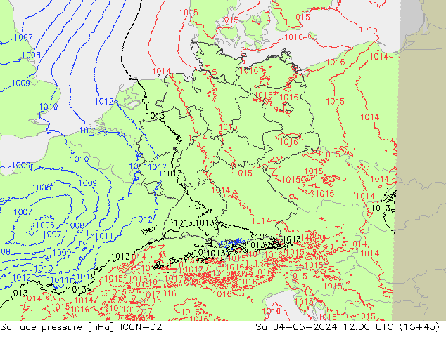 Presión superficial ICON-D2 sáb 04.05.2024 12 UTC