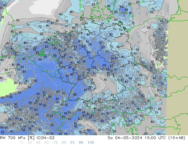 Humidité rel. 700 hPa ICON-D2 sam 04.05.2024 15 UTC