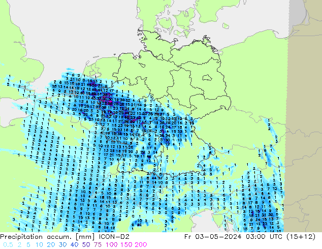 Precipitation accum. ICON-D2 Fr 03.05.2024 03 UTC