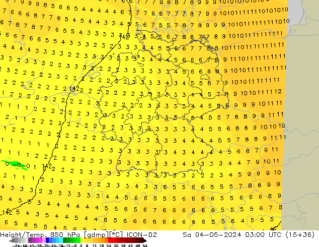 Height/Temp. 850 hPa ICON-D2 Sáb 04.05.2024 03 UTC