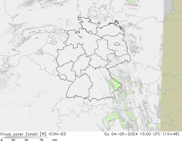 Cloud cover (total) ICON-D2 Sa 04.05.2024 15 UTC