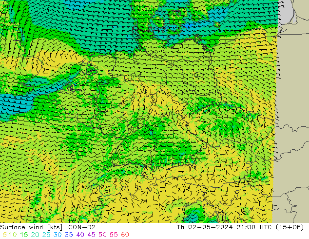 Surface wind ICON-D2 Th 02.05.2024 21 UTC