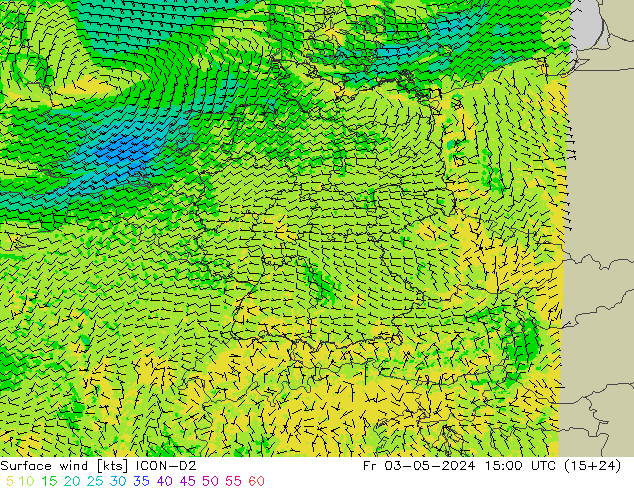 Viento 10 m ICON-D2 vie 03.05.2024 15 UTC