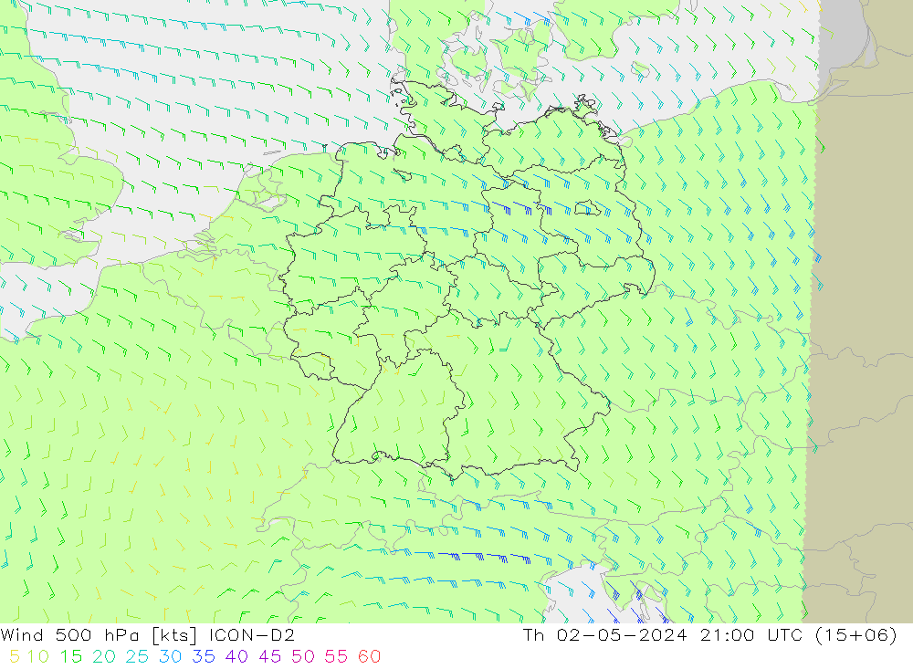 Wind 500 hPa ICON-D2 Čt 02.05.2024 21 UTC