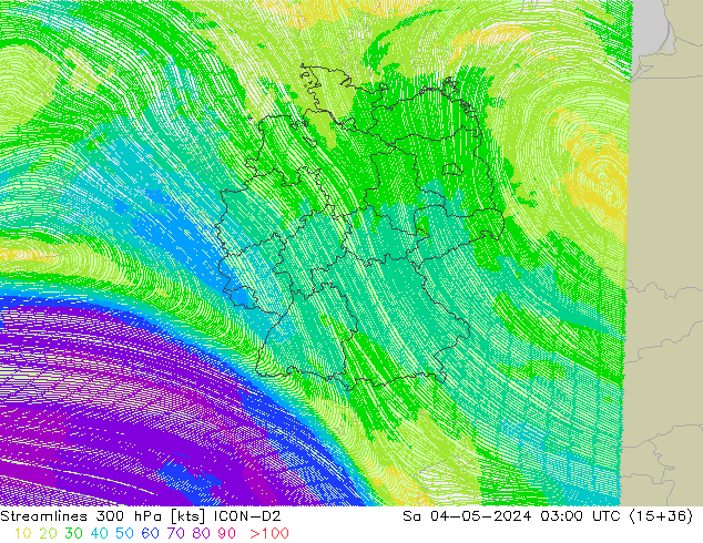 Linea di flusso 300 hPa ICON-D2 sab 04.05.2024 03 UTC