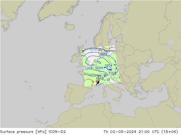 Presión superficial ICON-D2 jue 02.05.2024 21 UTC