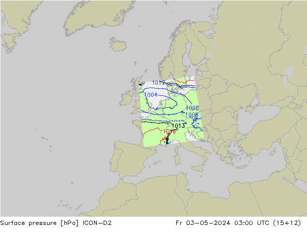 Pressione al suolo ICON-D2 ven 03.05.2024 03 UTC