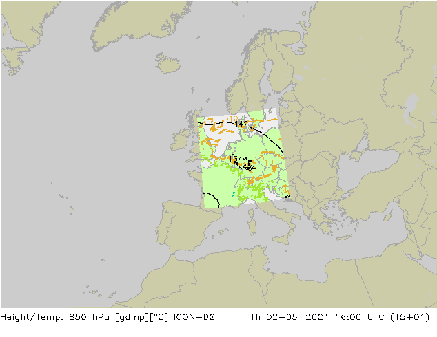 Height/Temp. 850 hPa ICON-D2 Qui 02.05.2024 16 UTC