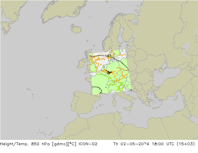 Geop./Temp. 850 hPa ICON-D2 jue 02.05.2024 18 UTC