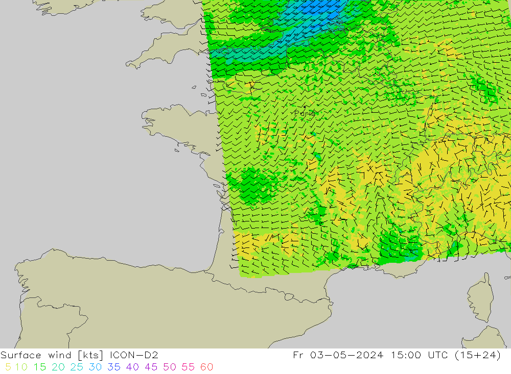 Vento 10 m ICON-D2 ven 03.05.2024 15 UTC