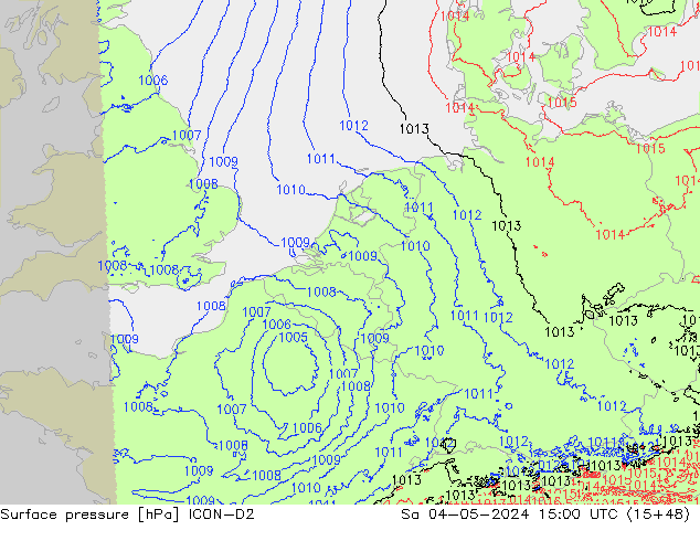 Pressione al suolo ICON-D2 sab 04.05.2024 15 UTC