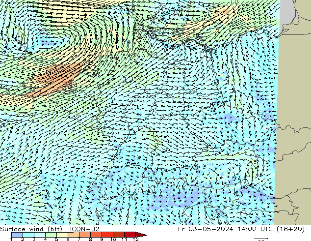 Surface wind (bft) ICON-D2 Fr 03.05.2024 14 UTC