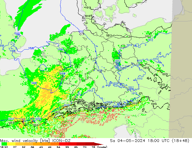 Max. wind velocity ICON-D2 So 04.05.2024 18 UTC