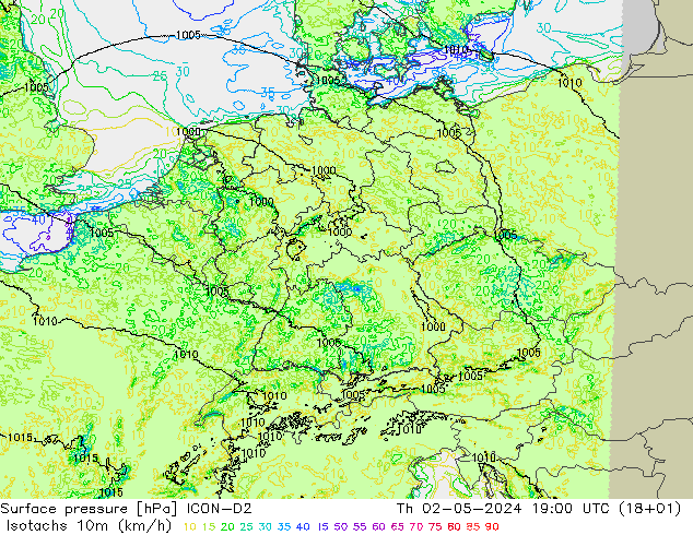 Isotachs (kph) ICON-D2 Čt 02.05.2024 19 UTC