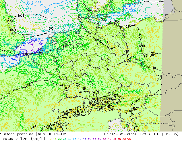 Isotachs (kph) ICON-D2 Fr 03.05.2024 12 UTC