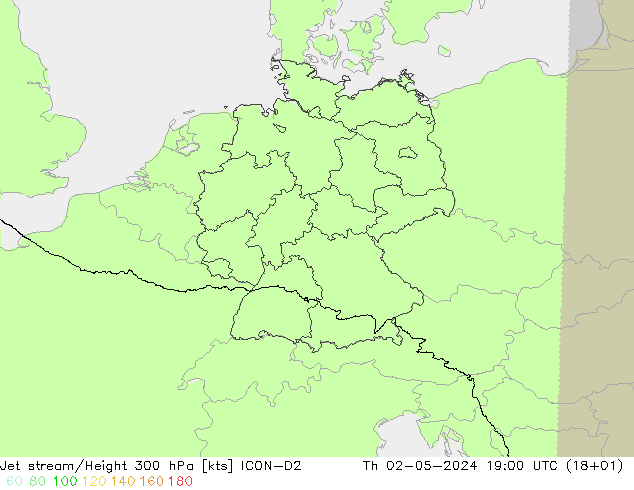 Corriente en chorro ICON-D2 jue 02.05.2024 19 UTC