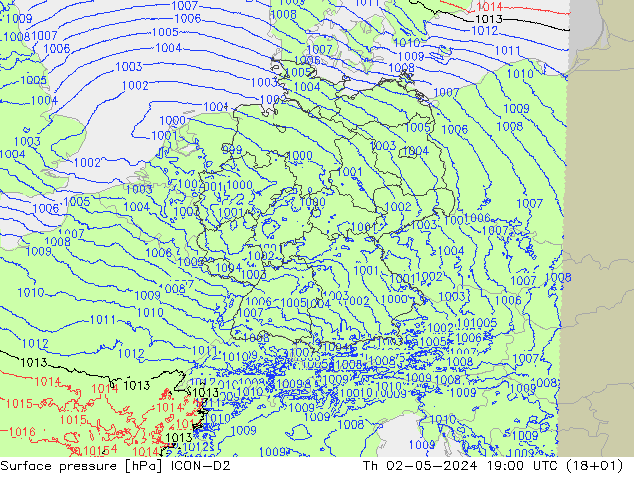 Surface pressure ICON-D2 Th 02.05.2024 19 UTC