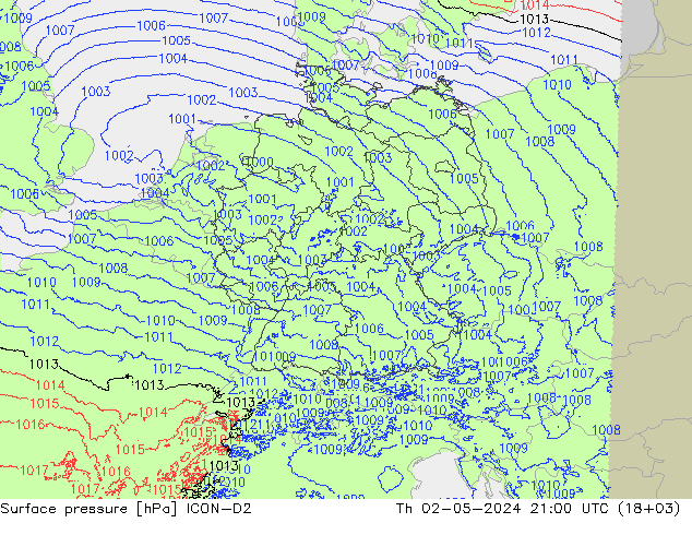 地面气压 ICON-D2 星期四 02.05.2024 21 UTC