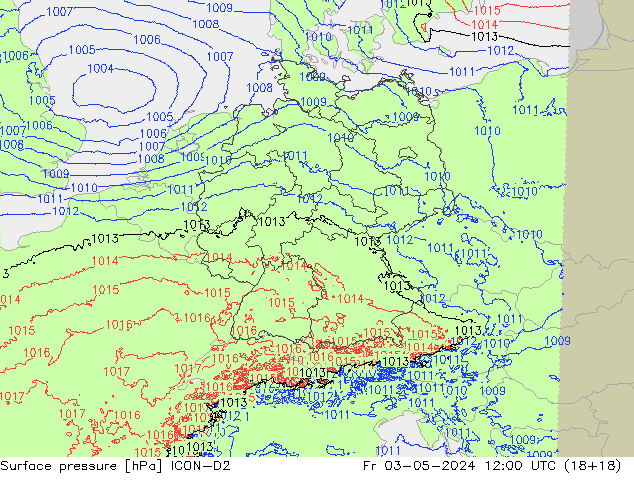 Atmosférický tlak ICON-D2 Pá 03.05.2024 12 UTC