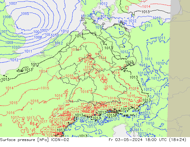 pressão do solo ICON-D2 Sex 03.05.2024 18 UTC