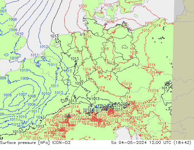 Presión superficial ICON-D2 sáb 04.05.2024 12 UTC