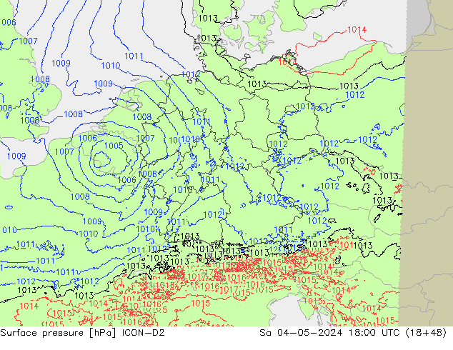 Pressione al suolo ICON-D2 sab 04.05.2024 18 UTC