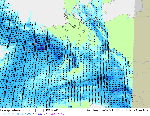 Precipitation accum. ICON-D2 Sa 04.05.2024 18 UTC