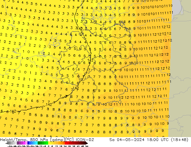 Height/Temp. 850 hPa ICON-D2 Sa 04.05.2024 18 UTC