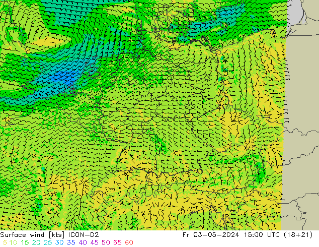 Surface wind ICON-D2 Fr 03.05.2024 15 UTC