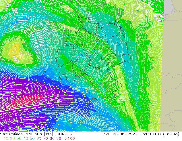 ветер 300 гПа ICON-D2 сб 04.05.2024 18 UTC