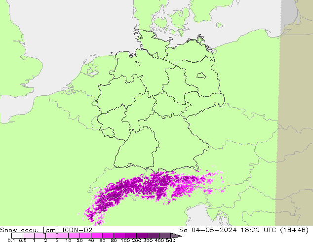 Totale sneeuw ICON-D2 za 04.05.2024 18 UTC