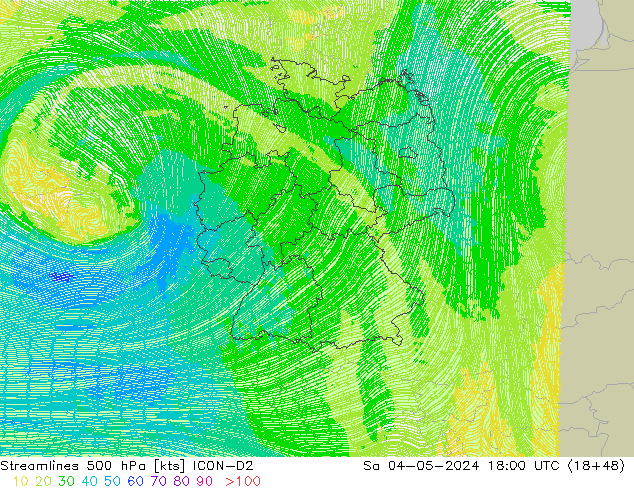Linea di flusso 500 hPa ICON-D2 sab 04.05.2024 18 UTC