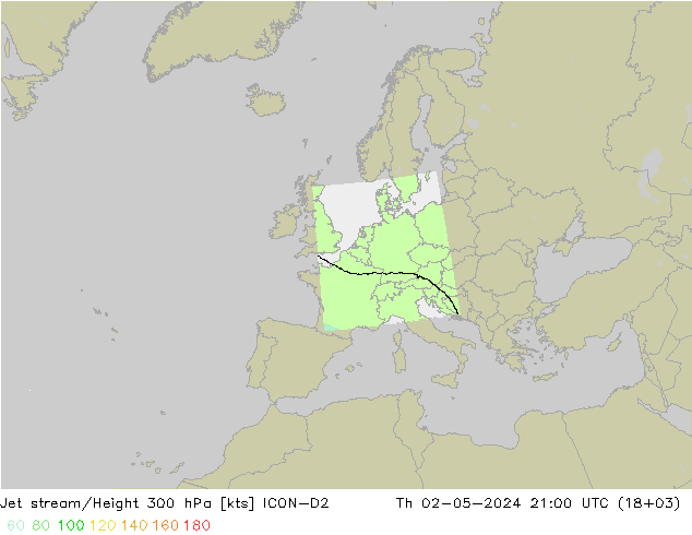Corriente en chorro ICON-D2 jue 02.05.2024 21 UTC