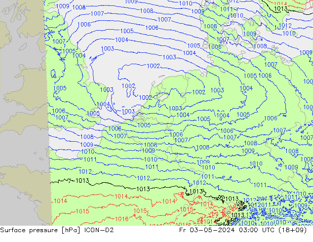 Surface pressure ICON-D2 Fr 03.05.2024 03 UTC