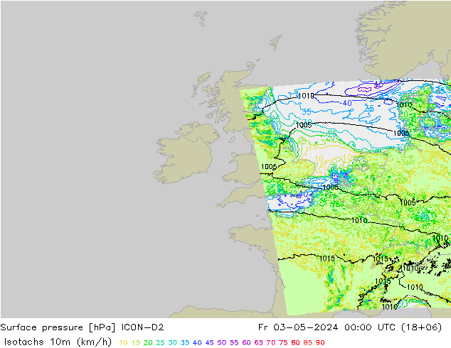 Izotacha (km/godz) ICON-D2 pt. 03.05.2024 00 UTC