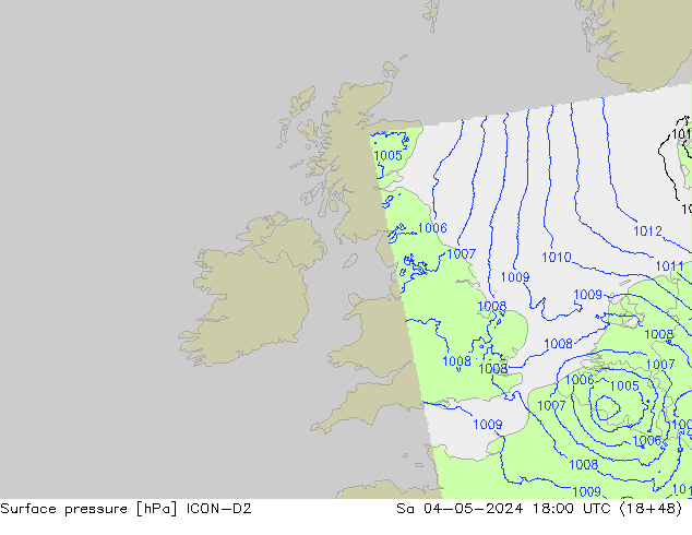 Presión superficial ICON-D2 sáb 04.05.2024 18 UTC