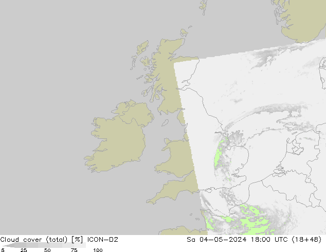 Bewolking (Totaal) ICON-D2 za 04.05.2024 18 UTC