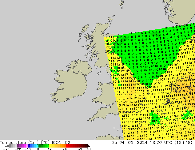 Temperatura (2m) ICON-D2 sáb 04.05.2024 18 UTC